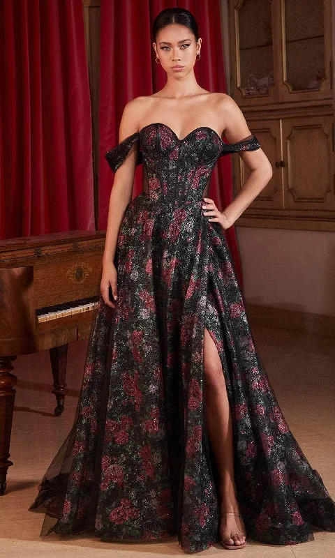 Floral Beaded Gown Cinderella Divine CD806 - Off-Shoulder with Sheer Side Panels Prom Dress Floral Beaded Gown Cinderella Divine CD806 - Off-Shoulder with Sheer Side Panels Prom Dress