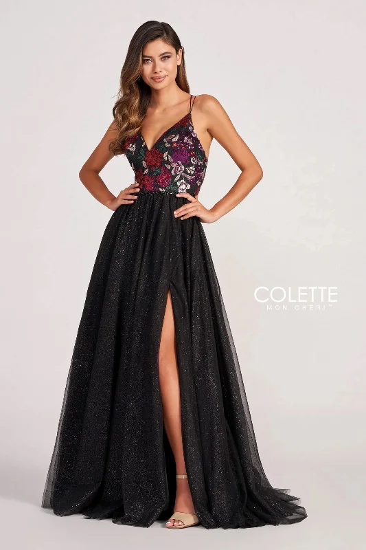 Sheer Panel Dress Colette CL2039 Floral Sequin Prom Glitter Formal Long Dress