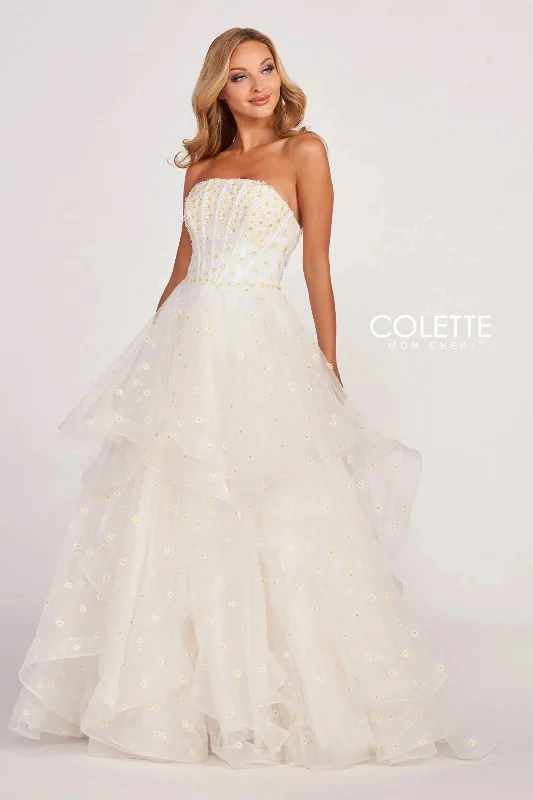 Draped Satin Gown Colette CL2055 Glitter Prom Long Flounce Formal Ball Gown