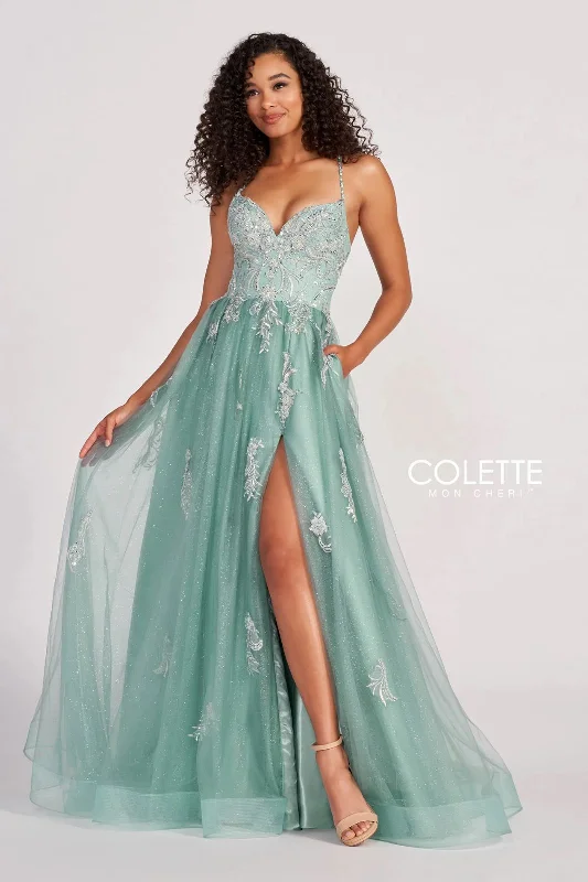 Striking Red Gown Colette CL2062 Glitter Long Formal Applique Prom Dress
