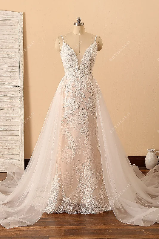 Regal Ball Gown Custom Mermaid Lace Plunging Neck Overskirt Bridal Gown