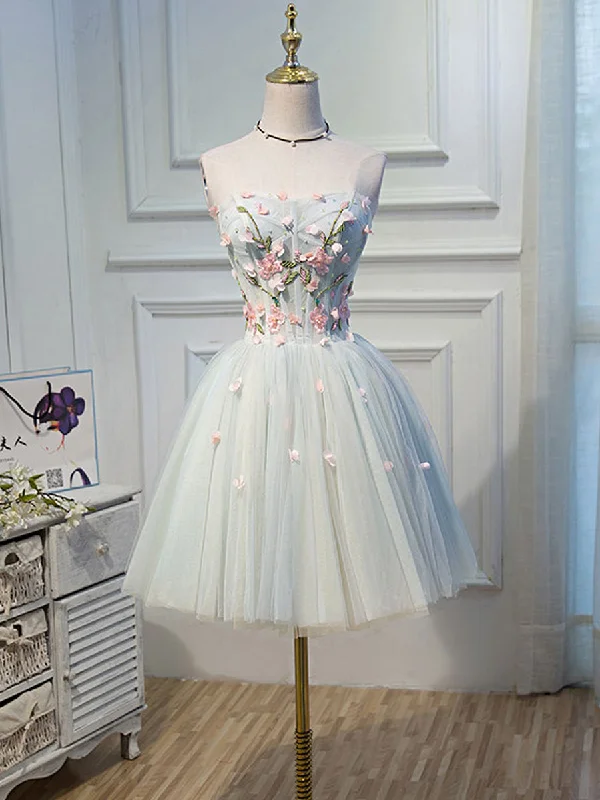 Lace Sleeves Dress Cute Tulle Short Lace Applique Short Prom Dress, Tulle Puffy Homecoming Dress