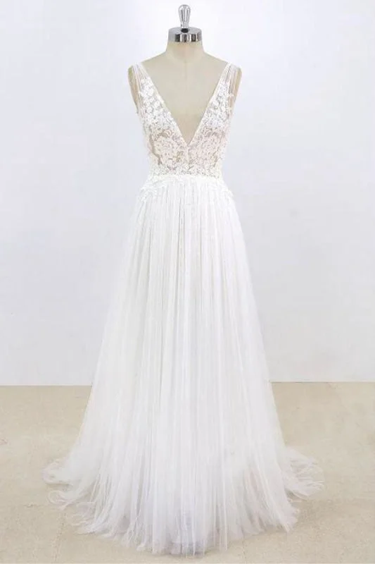 Ruched Satin Dress Deep V-neck Lace A-line Tulle Wedding Dress