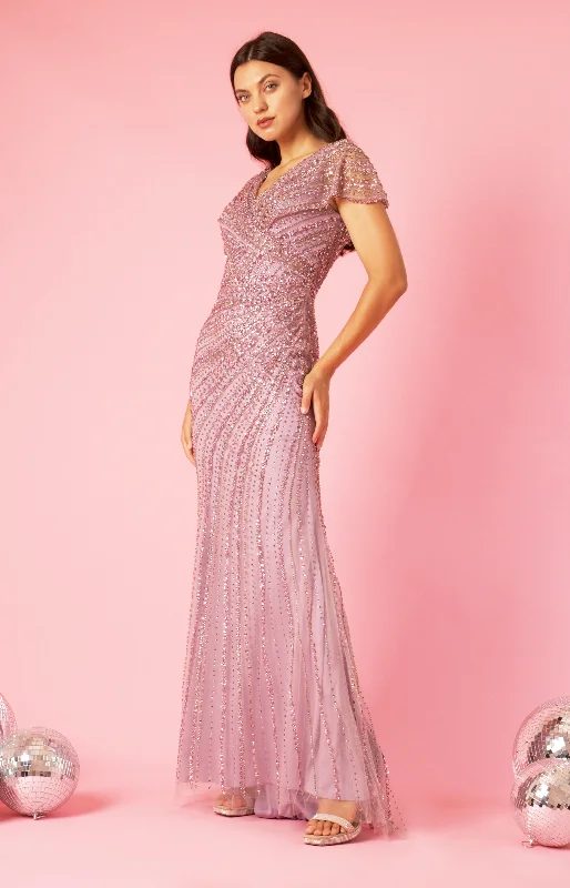 Lace Overlay Dress Dylan & Davids Short Sleeve Hand Beaded Formal Couture Dress Lilac