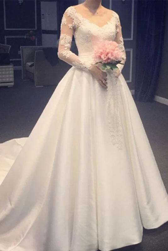 Sparkly Mermaid Dress Elegant A Line V-Neck Appliques Long Sleeves Wedding Dress
