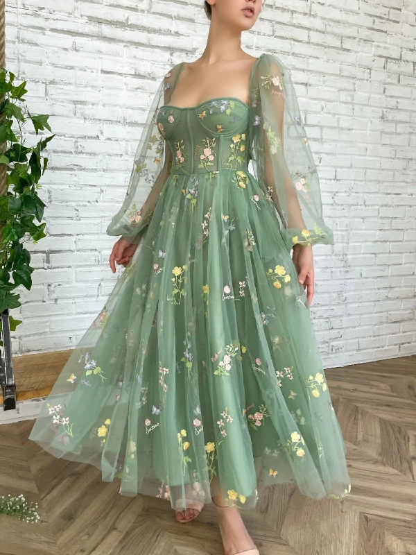 Tulle Skirt Dress Elegant Long Sleeves Tulle Tea Length Puffy Green Prom Dress, Green Bridesmaid Dresses