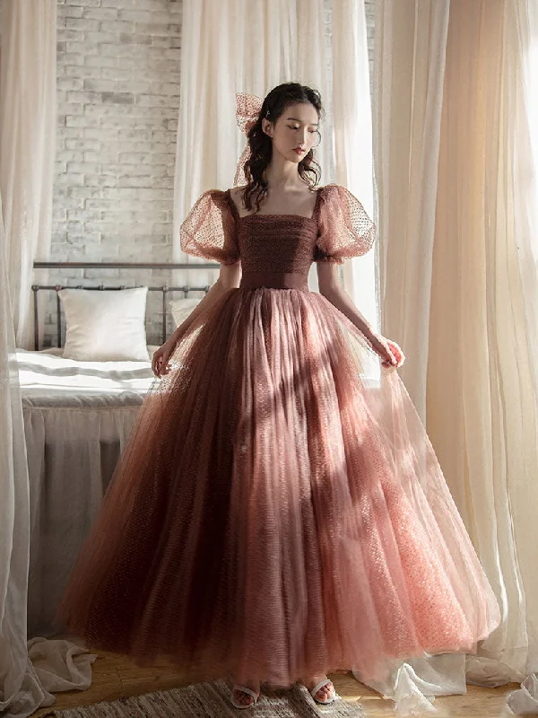 Empire Waist Gown Elegant Retro Brown Tea Length Tulle Prom Dress, Puffy Homecoming Dress Empire Waist Gown Elegant Retro Brown Tea Length Tulle Prom Dress, Puffy Homecoming Dress