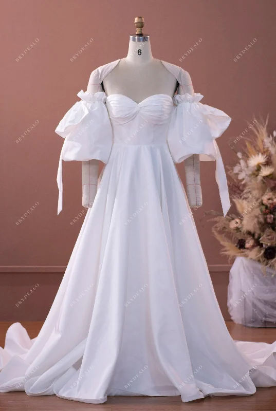 Ruched Satin Dress Elegant Taffeta Bubble Sleeve Wedding Dress