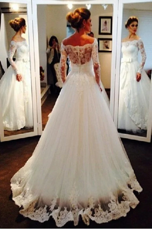 Bold Print Formal Dress Elegant Tulle Lace Off-the-shoulder Long Sleeve Wedding Dress Bold Print Formal Dress Elegant Tulle Lace Off-the-shoulder Long Sleeve Wedding Dress