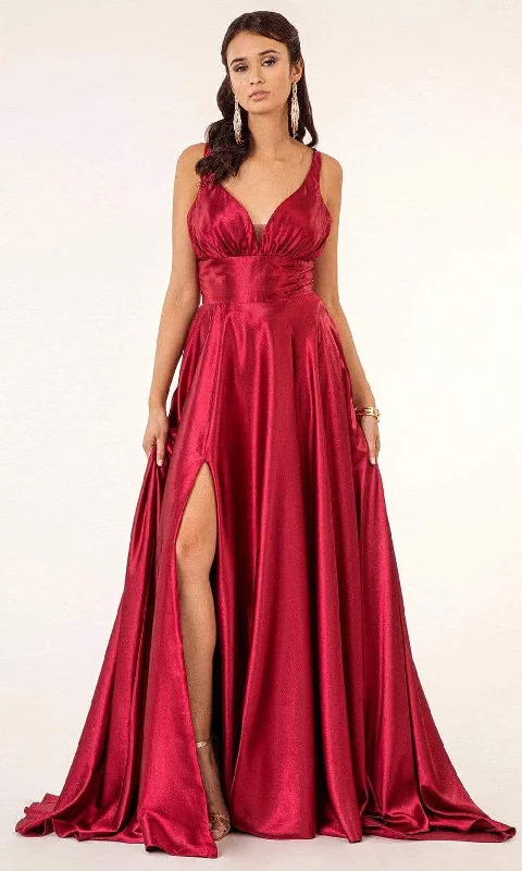 Regal Velvet Gown Elizabeth K - GL2963 Deep V-Neck Satin A-Line Dress with Slit