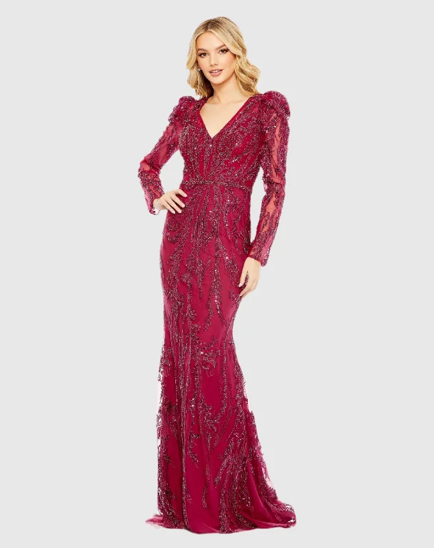 Lush Satin Gown Embellished Puff Sleeve V Neck Gown