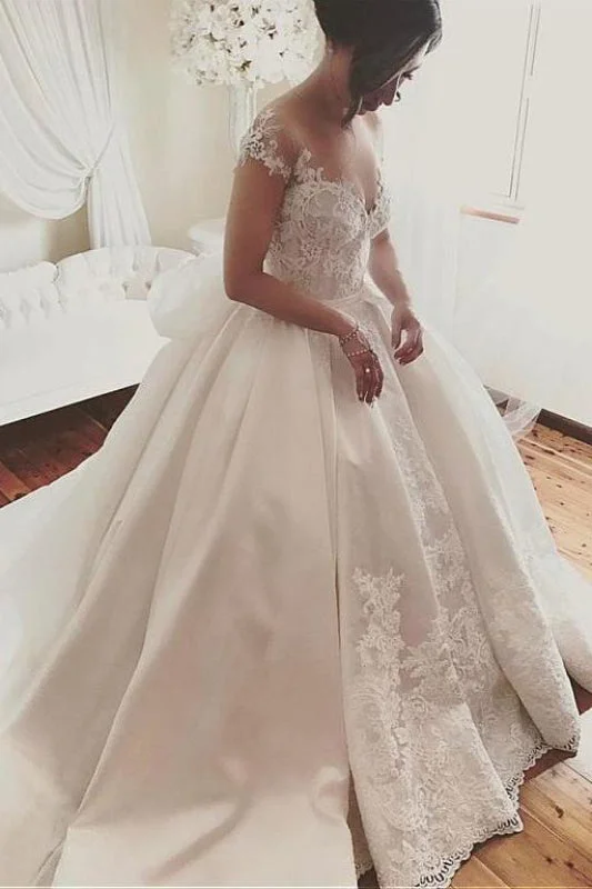 Glamorous Formal Dress Fascinating Satin Sheer Neckline Ball Gown Appliques Bowknot Wedding Dress Glamorous Formal Dress Fascinating Satin Sheer Neckline Ball Gown Appliques Bowknot Wedding Dress