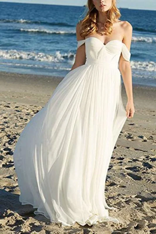 Floral Embroidery Dress Flowy Off the Shoulder Chiffon Beach Simple Long Pleated Wedding Dress Floral Embroidery Dress Flowy Off the Shoulder Chiffon Beach Simple Long Pleated Wedding Dress