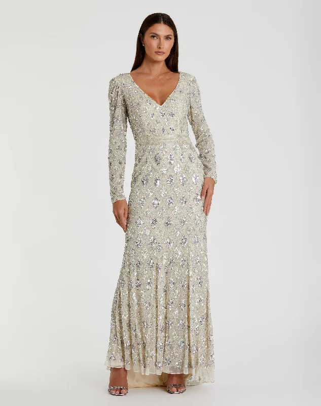 Fashionable Formal Dress Nude Geometric Embellished Evening Gown