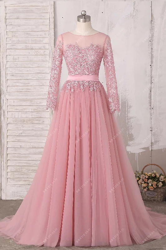 Navy Blue Gown Dusty Pink Tulle Lace Appliques Bridal Gown
