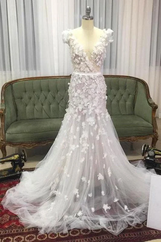 Modern Tulle Dress Glorious Best Modest Unique Mermaid V-neck Wedding Dress with Hand-made Flowers Tulle Prom dress Modern Tulle Dress Glorious Best Modest Unique Mermaid V-neck Wedding Dress with Hand-made Flowers Tulle Prom dress