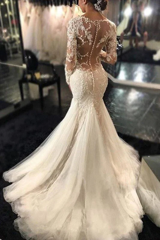 Hollywood-Inspired Gown Gorgeous Long Sleeves Mermaid V-neck Gown Ivory Wedding Dress Hollywood-Inspired Gown Gorgeous Long Sleeves Mermaid V-neck Gown Ivory Wedding Dress