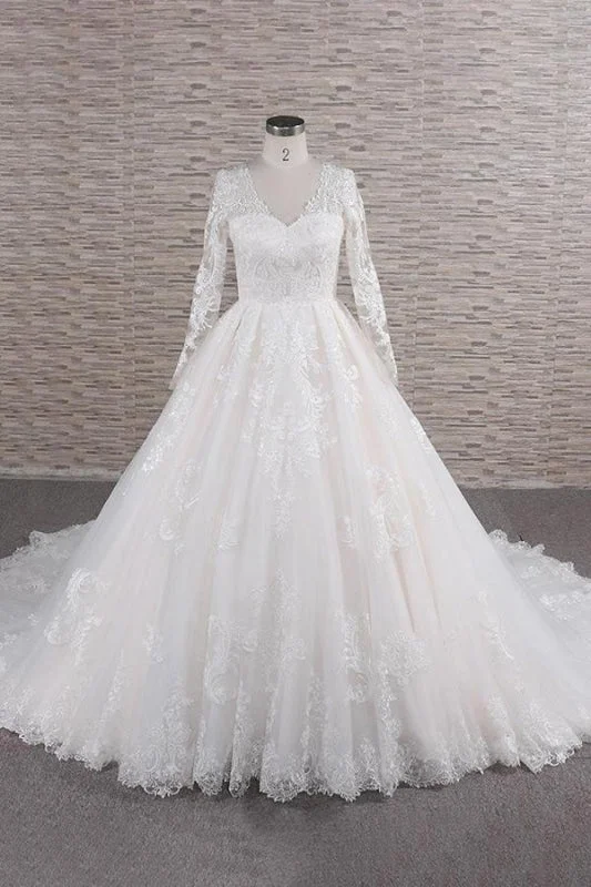 Rhinestone Embellished Dress Graceful V-neck Long Sleeve Appliques Wedding Dress