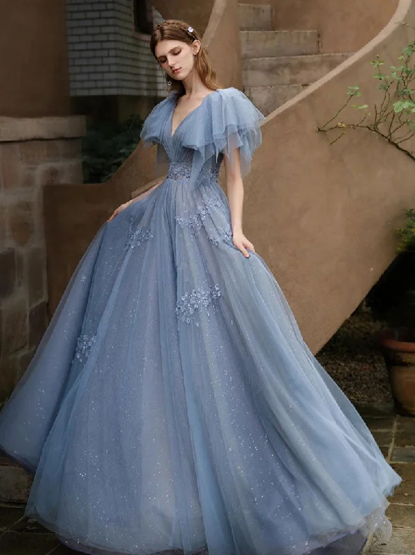 Elegant Wedding Gown Gray Blue V Neck Tulle Sequin Long Prom Dress, Blue Formal Graduation Dresses Elegant Wedding Gown Gray Blue V Neck Tulle Sequin Long Prom Dress, Blue Formal Graduation Dresses