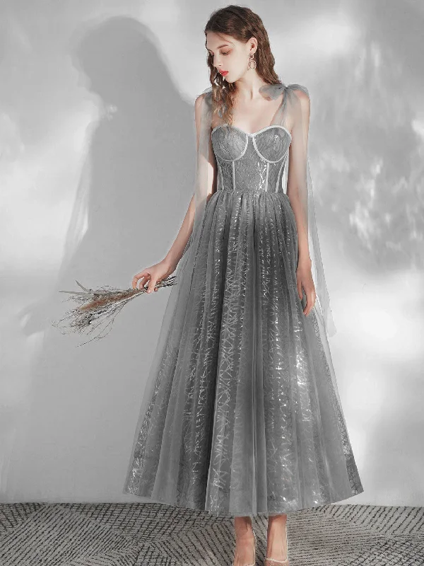Elegant Beaded Dress Gray sweetheart neck tulle short prom dress, gray tulle homecoming dress
