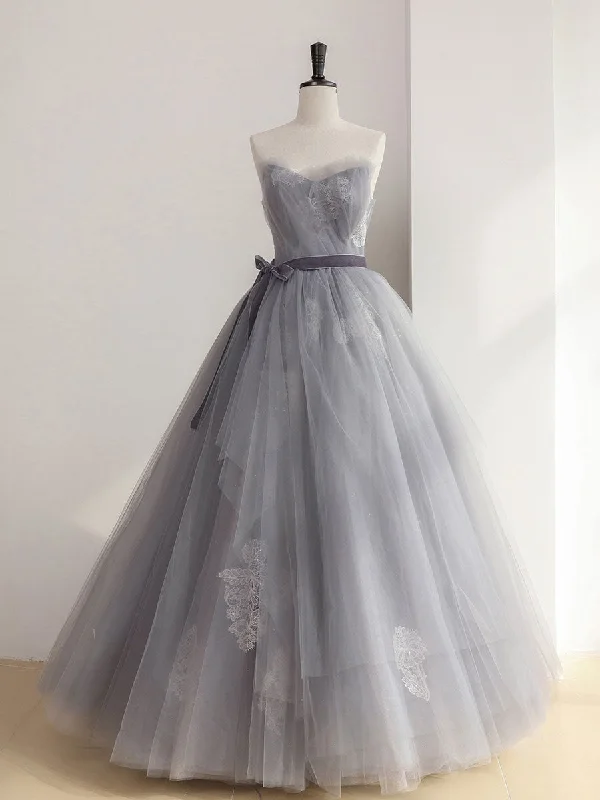 Dreamy Wedding Gown Gray Tulle Lace Long Prom Dress, Gray Ball Gown Formal Dresses