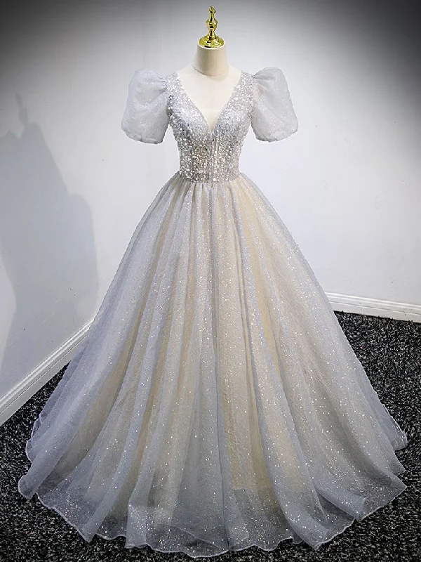 Romantic Soft Satin Dress Gray Tulle Sequin Long Prom Dress, Gray Tulle Formal Graduation Dresses Romantic Soft Satin Dress Gray Tulle Sequin Long Prom Dress, Gray Tulle Formal Graduation Dresses