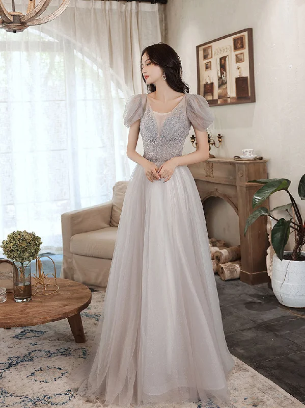 Sparkly Mermaid Dress Gray V Neck Tulle Beads Long Prom Dress, Gray Aline Formal Dress