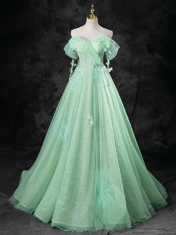 Stunning Silk Gown Green A-Line Off Shoulder Tulle Long Prom Dress, Green Long Formal Dress Stunning Silk Gown Green A-Line Off Shoulder Tulle Long Prom Dress, Green Long Formal Dress