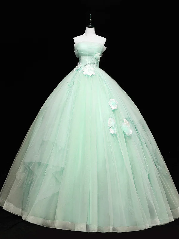Chic Maxi Dress Green Tulle Lace Applique Long Prom Dresses, Green Sweet 16 Dresses