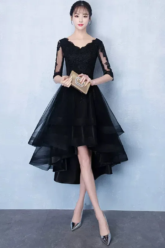 Trendy Party Dress Half Sleeves High Low Black Lace Short Prom Dresses, Black Lace Homecoming Dresses, High Low Black Formal Graduation Evening Dresses WT1010 Trendy Party Dress Half Sleeves High Low Black Lace Short Prom Dresses, Black Lace Homecoming Dresses, High Low Black Formal Graduation Evening Dresses WT1010