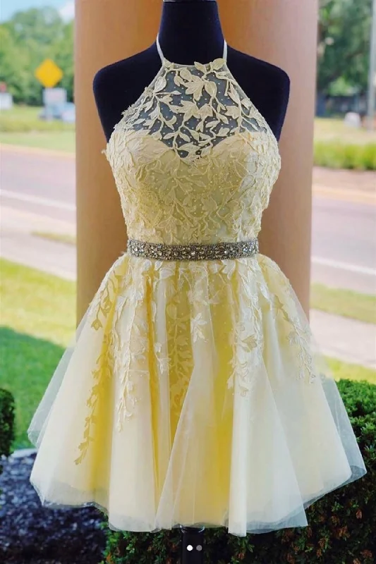 Gold Embellished Gown Halter Neck Backless Yellow Tulle Short Lace Prom Dresses, Yellow Lace Homecoming Dresses, Backless Yellow Formal Evening Dresses