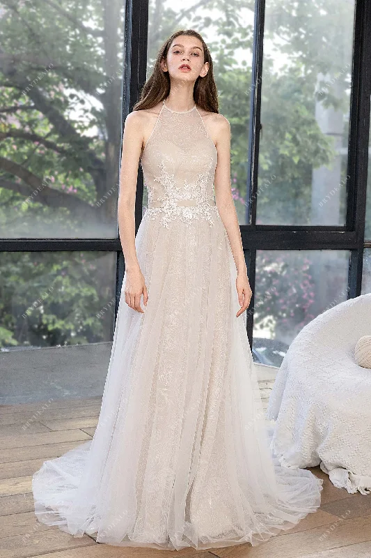 Romantic Soft Satin Dress Halter Neck Lace Designer Beach Wedding Dress