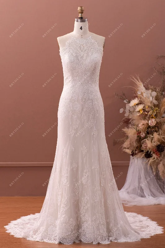 Vivid Color Gown Vintage Halter Neck Designer Lace Mermaid Spring Fall Wedding Dress Vivid Color Gown Vintage Halter Neck Designer Lace Mermaid Spring Fall Wedding Dress
