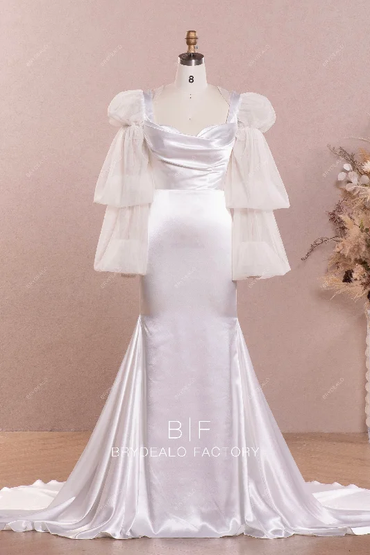 Glittering Evening Gown Illusion Bubble Sleeve Satin Designed Mermaid Wedding Dress