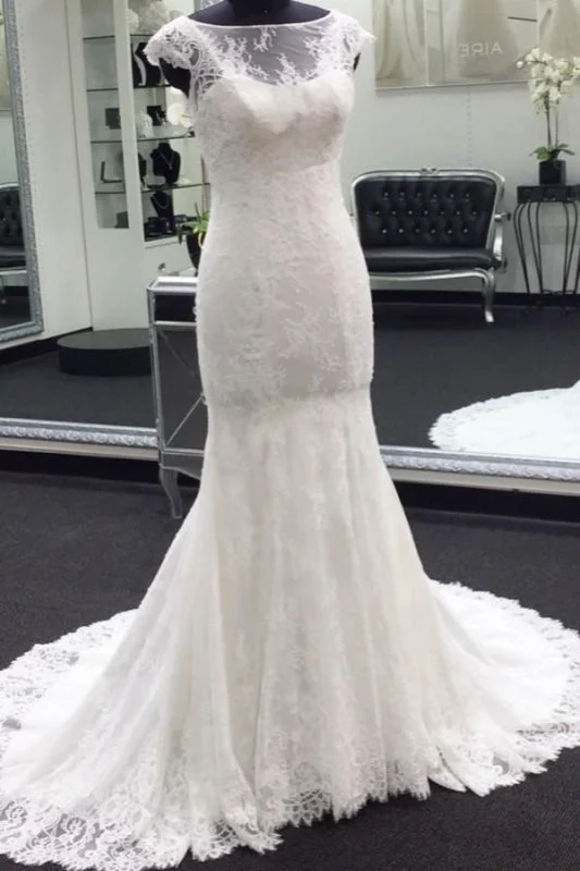 Timeless Satin Dress Illusion Cap Sleeve Lace Mermaid Wedding Dress