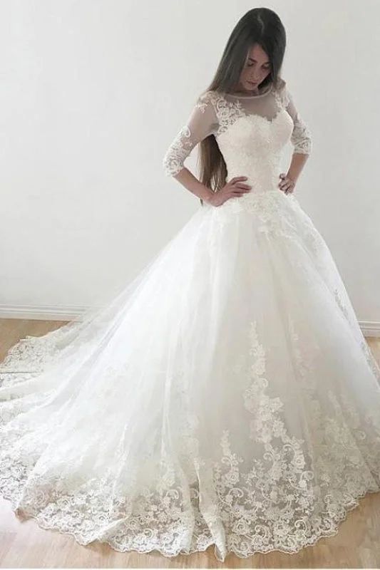 Regal Ball Gown Ivory Puffy Half Sleeves Long Vintage Tulle Bateau Appliques Wedding Dress Regal Ball Gown Ivory Puffy Half Sleeves Long Vintage Tulle Bateau Appliques Wedding Dress