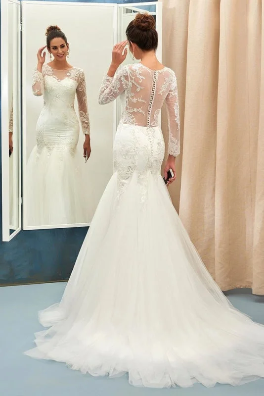 Show-Stopping Evening Gown Ivory Sweep Train Applique Tulle Long Sleeves Elegant Wedding Dress Show-Stopping Evening Gown Ivory Sweep Train Applique Tulle Long Sleeves Elegant Wedding Dress