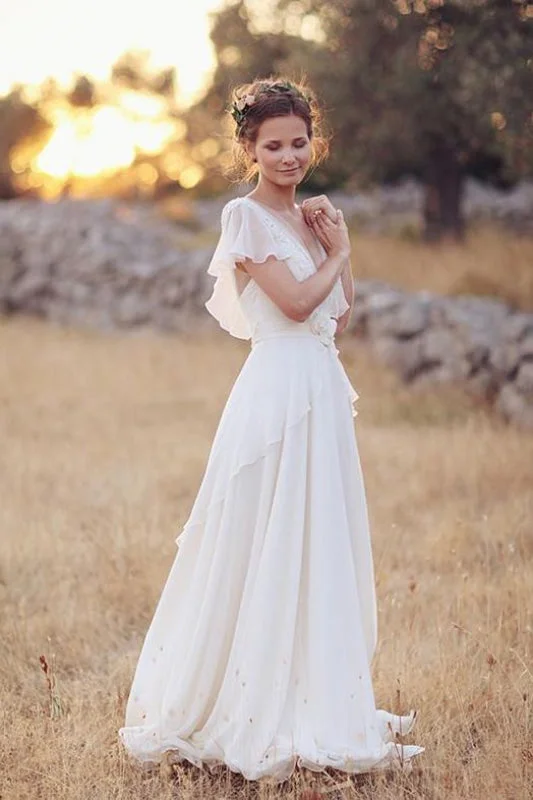 Lavish Red Gown Ivory V Neck Chiffon Boho Unique Cap Sleeves Beach Wedding Dress