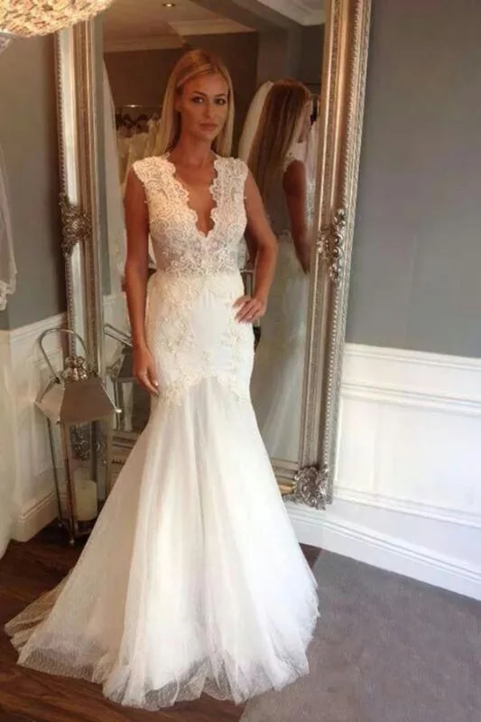 Sweetheart Neckline Dress Ivory V Neck Sleeveless Mermaid Long Tulle Wedding Dress Sweetheart Neckline Dress Ivory V Neck Sleeveless Mermaid Long Tulle Wedding Dress