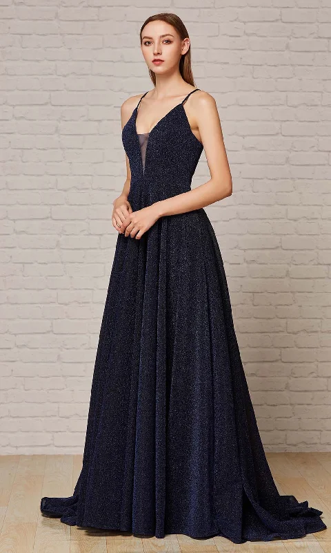 Figure-Flattering Gown J'Adore Dresses - J18007 Deep V Neck Long A-line Gown