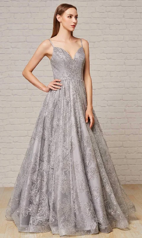 Sheer Panel Dress J'Adore Dresses - J18022 Floral Glitter Print A-Line Gown