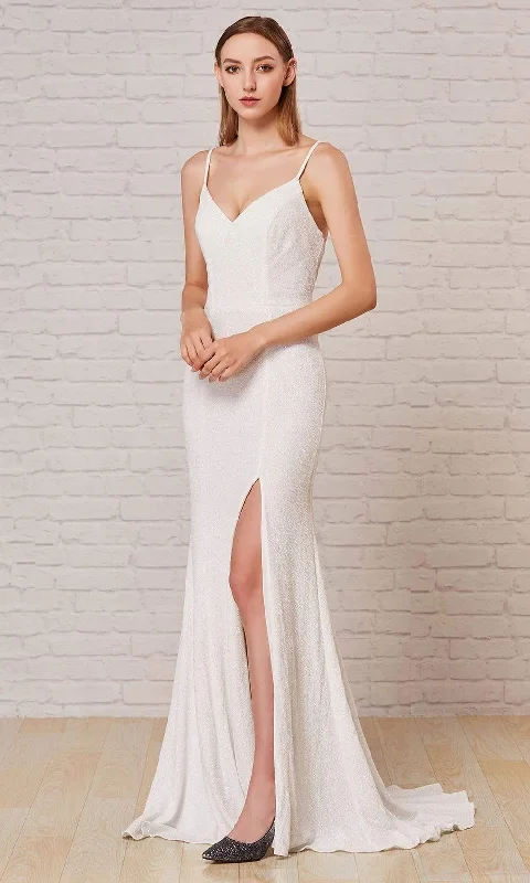 Halter Gown J'Adore Dresses - J18033 Spaghetti Strap Glitter High Slit Gown