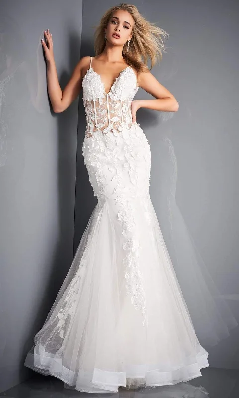Artistic Embroidered Dress Jovani - 02841 Floral Appliques Corset Bodice Tulle Trumpet Gown
