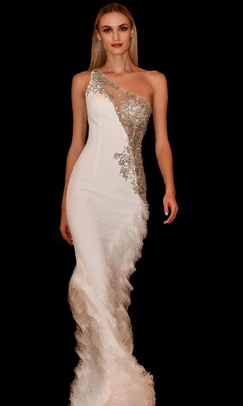 Romantic Evening Gown Jovani - 03389 Asymmetric Beaded Sheer Trumpet Gown