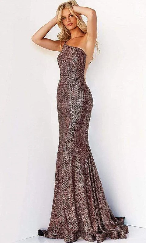 Romantic Soft Satin Dress Jovani - 06333 Asymmetric Shiny Trumpet Gown