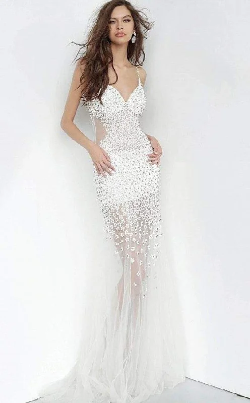 Satin Draped Gown Jovani - 60695 Beaded Plunging V-neck Tulle Trumpet Dress