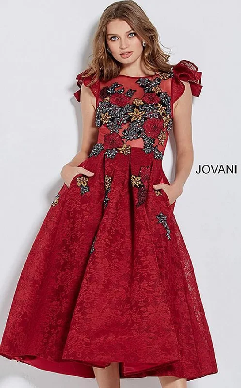 Polka Dot Gown Jovani M59787 Floral Embroidered Tea Length Prom Dress