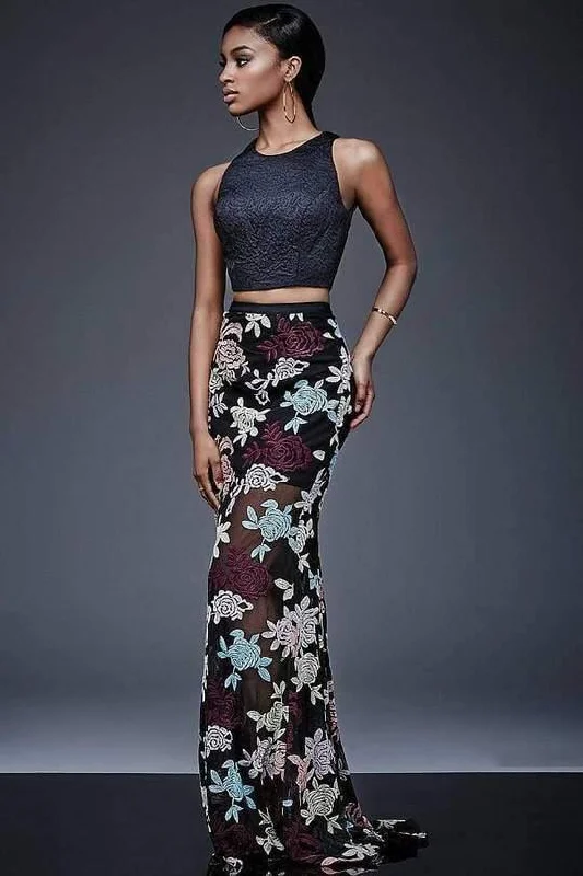 Puffy Sleeve Dress Jovani M405 Floral Print Two-Piece Evening Dress