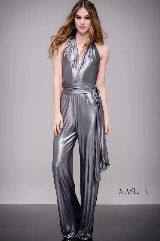 Gold Embellished Gown Jovani M51819 Metallic Halter Jumpsuit