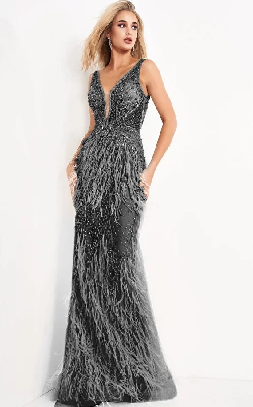 Figure-Flattering Gown Jovani 03023 Prom Long Sleeveless Feather Dress Black